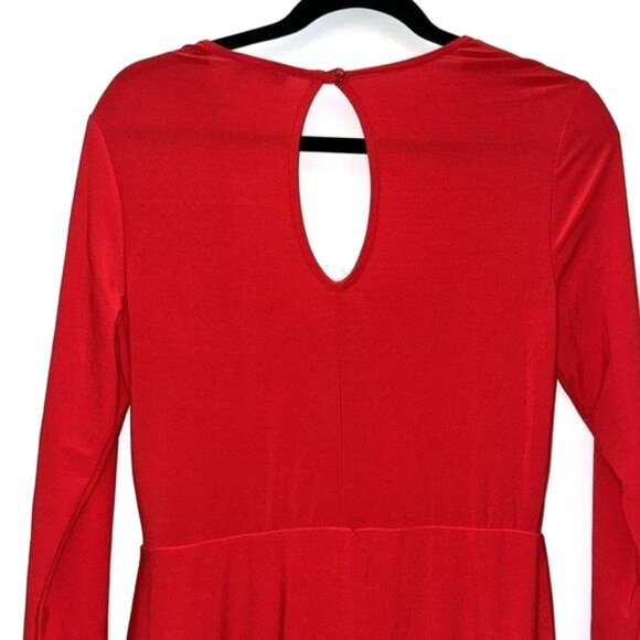 Red Venus Long Sleeve Jumpsuit With Open Front Skirt Overlay Strappy Neckline & - Picture 9 of 12